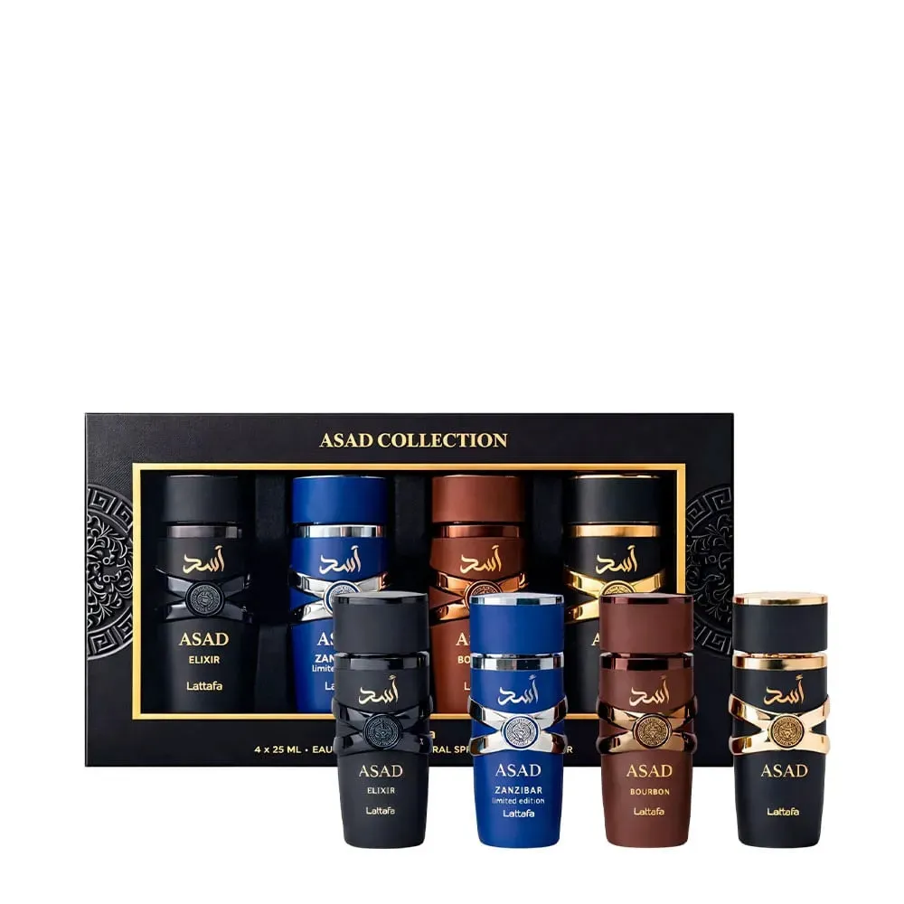 Asad Collection Gift Set Asad 25 ml + Asad Bourbon Eau de Parfum 25 ml + Asad Zanzibar Eau de Parfum 25 ml + Asad Elixir Eau de Parfum for Men