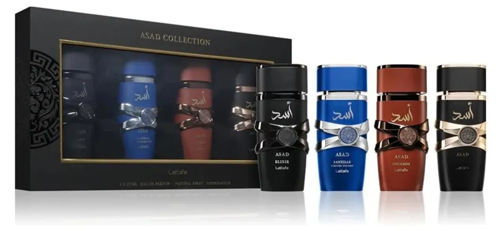 Asad Collection Gift Set Asad 25 ml + Asad Bourbon Eau de Parfum 25 ml + Asad Zanzibar Eau de Parfum 25 ml + Asad Elixir Eau de Parfum for Men