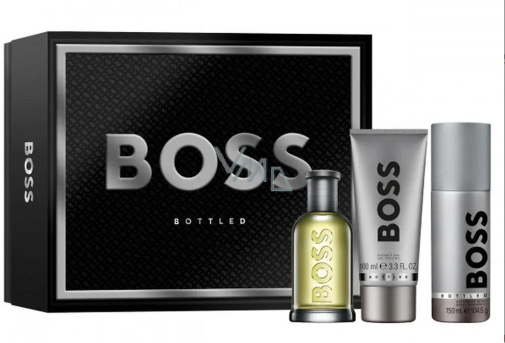 Boss Bottled gift set for men includes eau de toilette 100 ml + shower gel 100 ml + deodorant spray 150 ml 100 ml + sprchový gel 100 ml + deosprej 150 ml