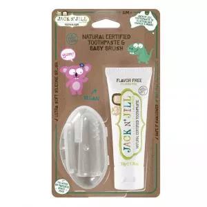 Jack n Jill Action set Children's toothpaste - flavourless (50 g) Children's silicone toothbrush for finger - discounted set