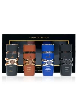 Lattafa Asad Collection Gift Set Asad 25 ml + Asad Bourbon Eau de Parfum 25 ml + Asad Zanzibar Eau de Parfum 25 ml + Asad Elixir Eau de Parfum for Men