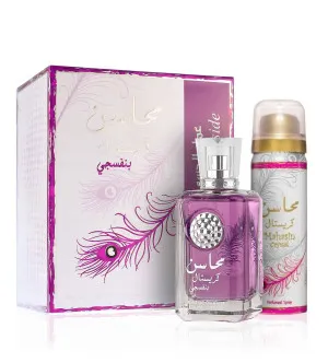 Lattafa Mahasin Crystal Violet gift set for women includes Eau de Parfum 100 ml + Deospray 50 ml