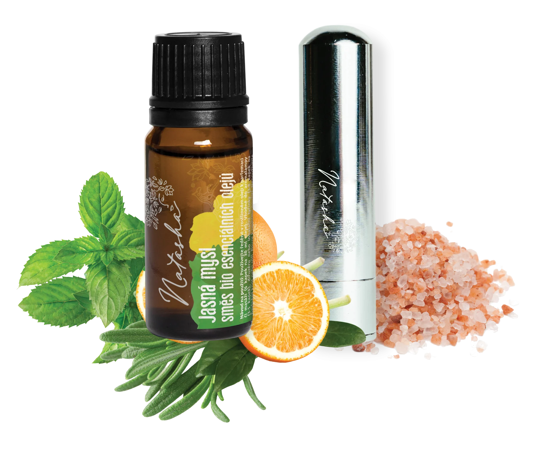 Natasha Aromatherapy Set with Inhaler - Clear Mind - Fresh Orange, Peppermint and Rosemary
