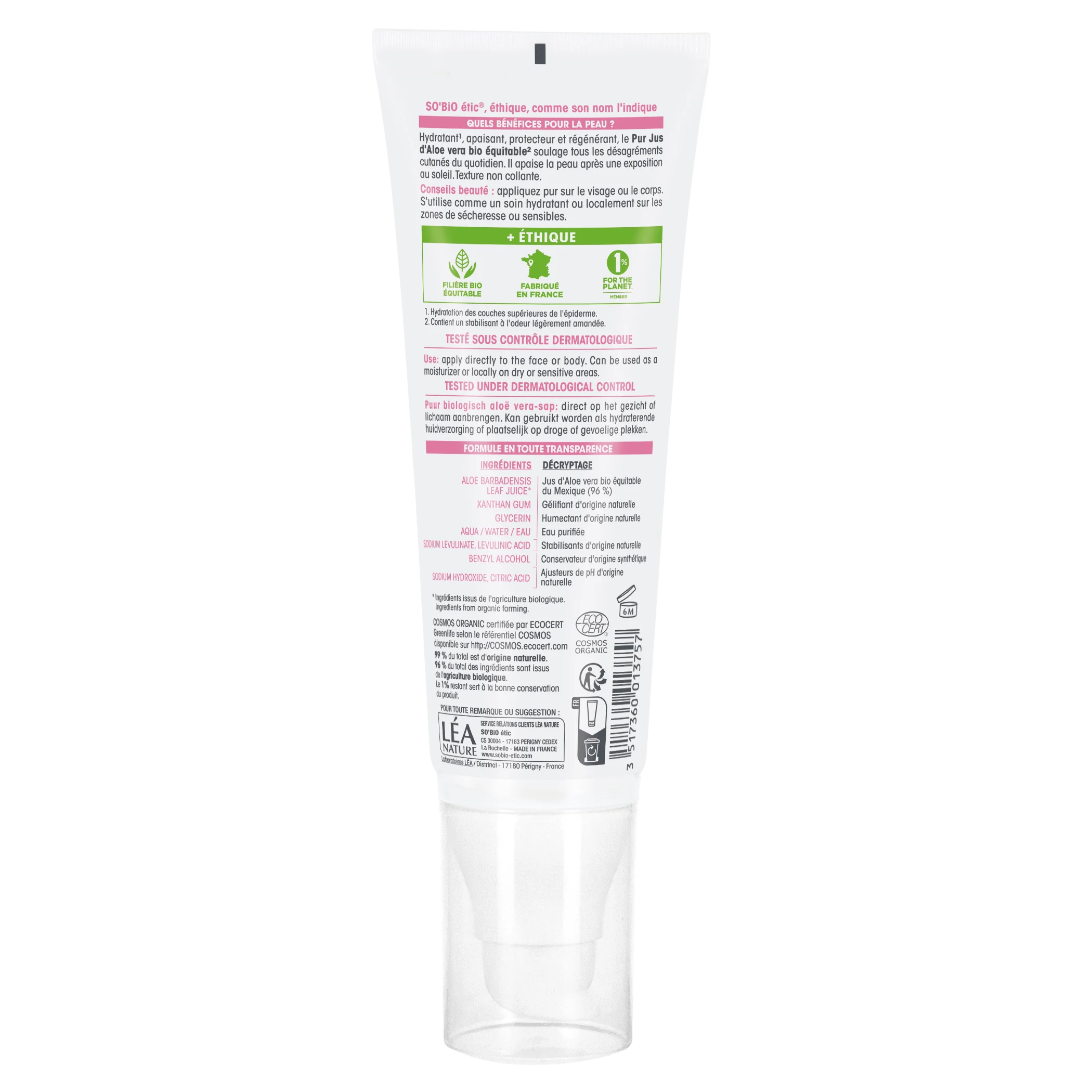 SO’BiO étic Aloe Vera Gel - Hypoallergenic Organic (125 ml) - Intensive Hydration and Skin Soothing
