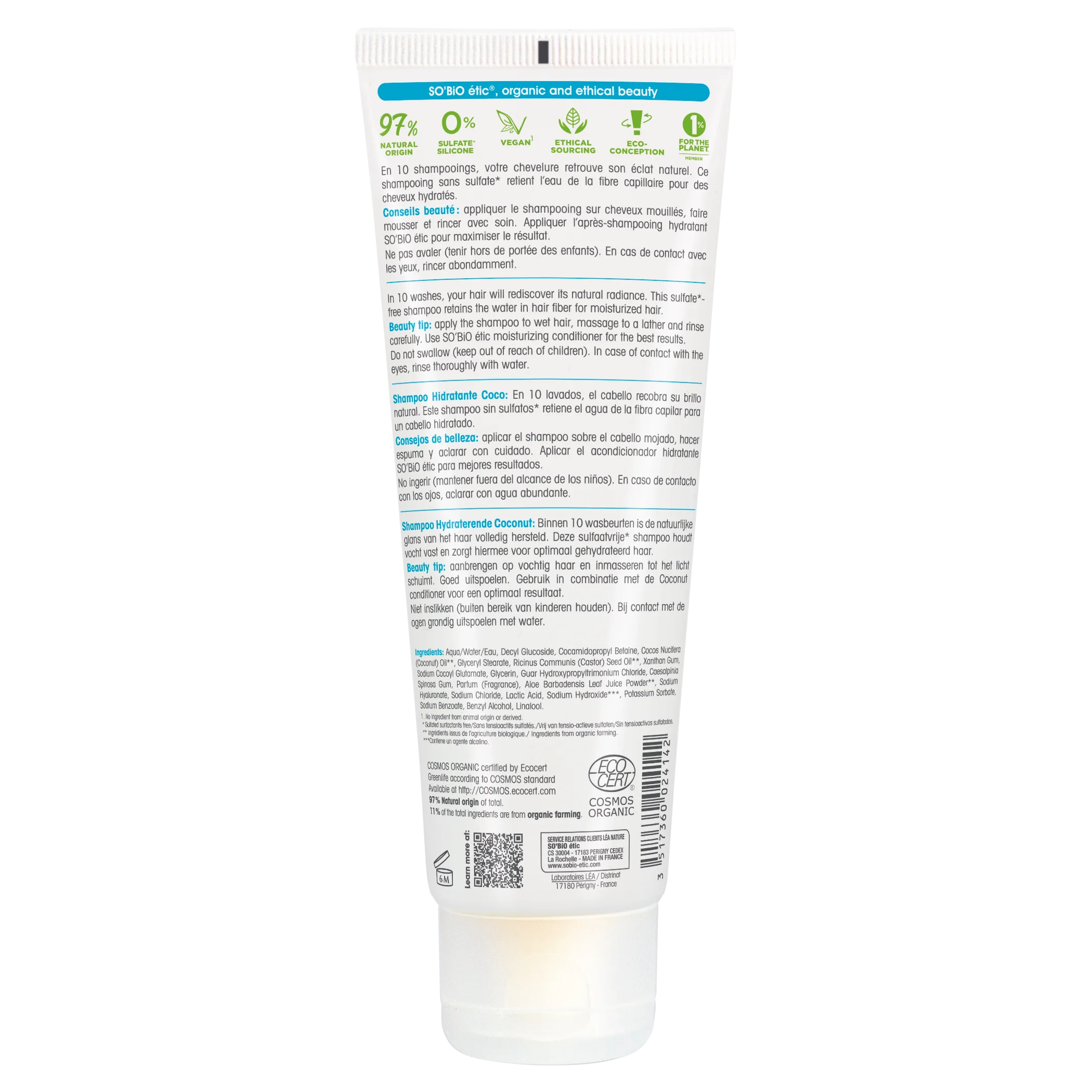 SO’BiO étic Organic Moisturizing Shampoo - Coconut & Hyaluronic Acid (250 ml) - for all hair types