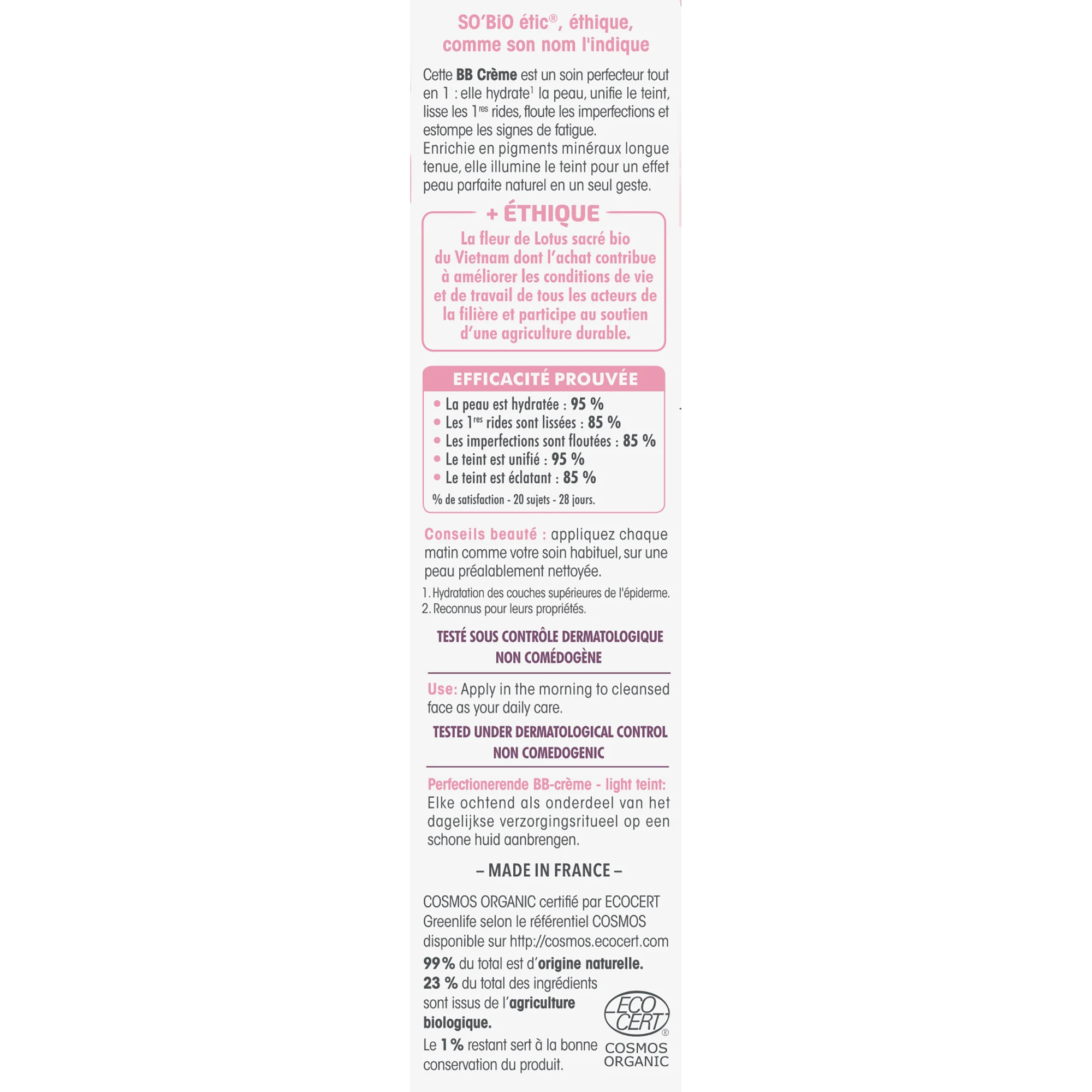 SO’BiO étic BB Cream for Perfect Skin - Light Shade BIO (40 ml) - with Lotus Flower Extract
