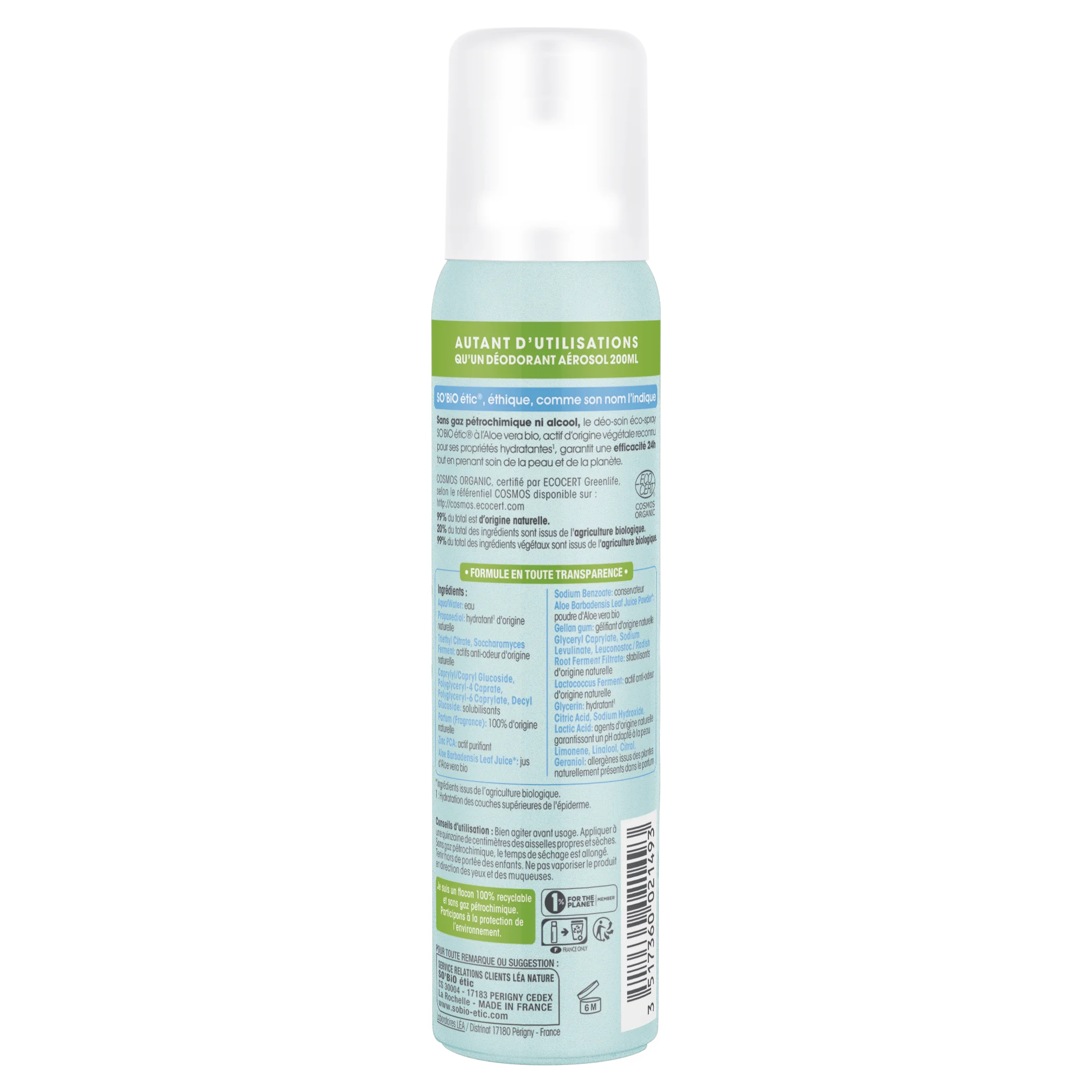 SO’BiO étic Natural Deodorant ECO SPRAY 24h - Organic Aloe Vera (100 ml) - effective for up to 24 hours