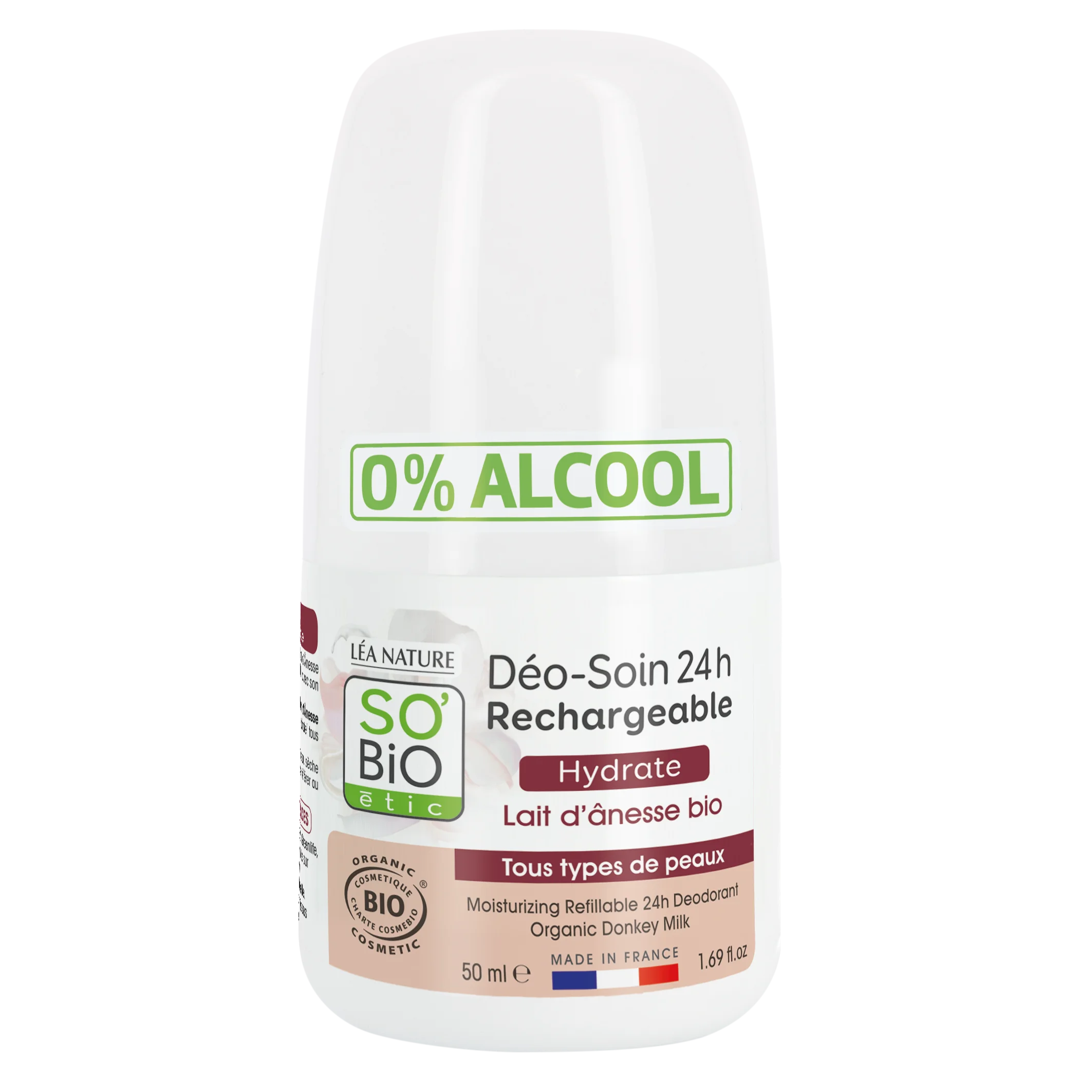SO’BiO étic 24h Moisturizing Roll-On Deodorant with Donkey Milk - Refillable, Organic (50 ml) - Suitable for Sensitive Skin