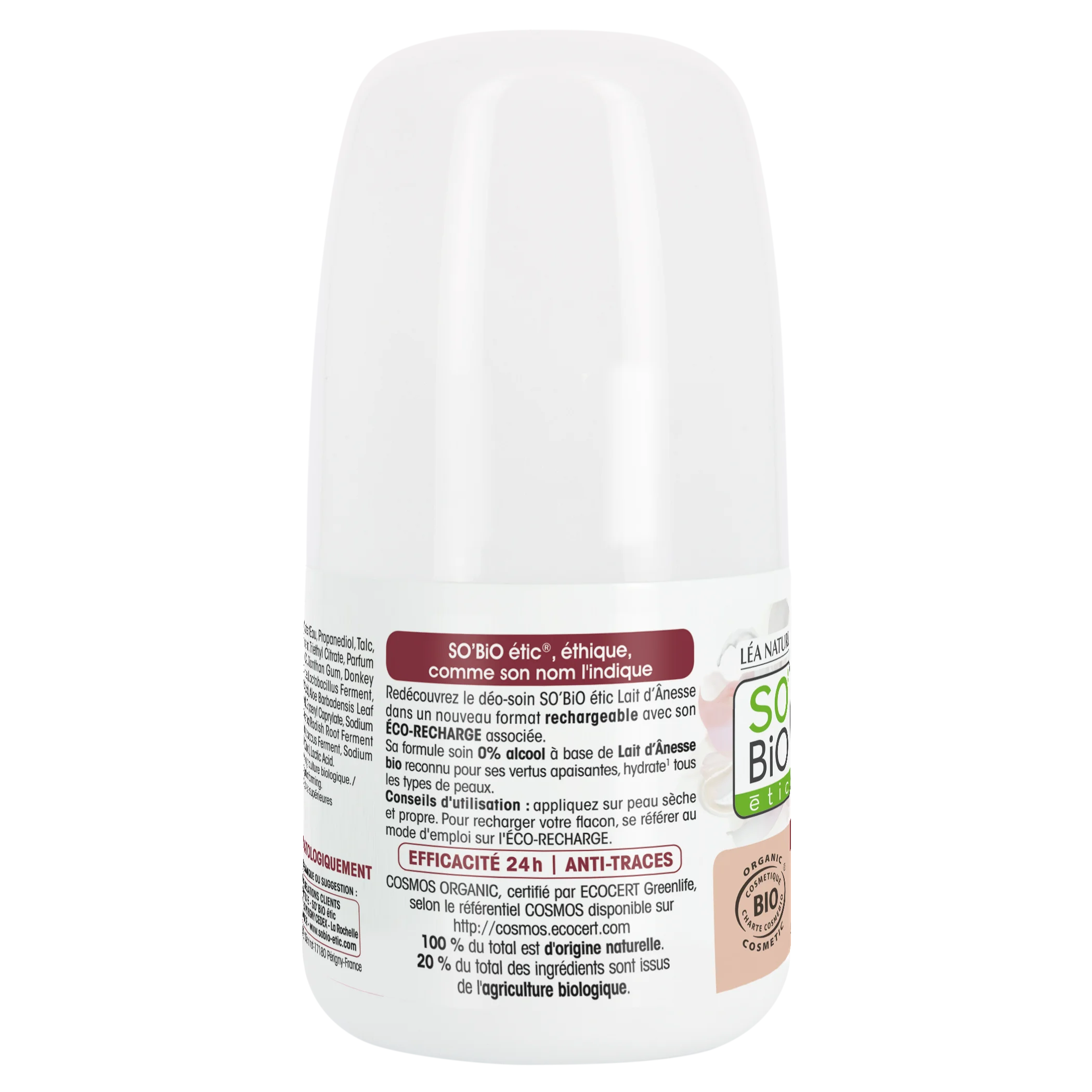 SO’BiO étic 24h Moisturizing Roll-On Deodorant with Donkey Milk - Refillable, Organic (50 ml) - Suitable for Sensitive Skin