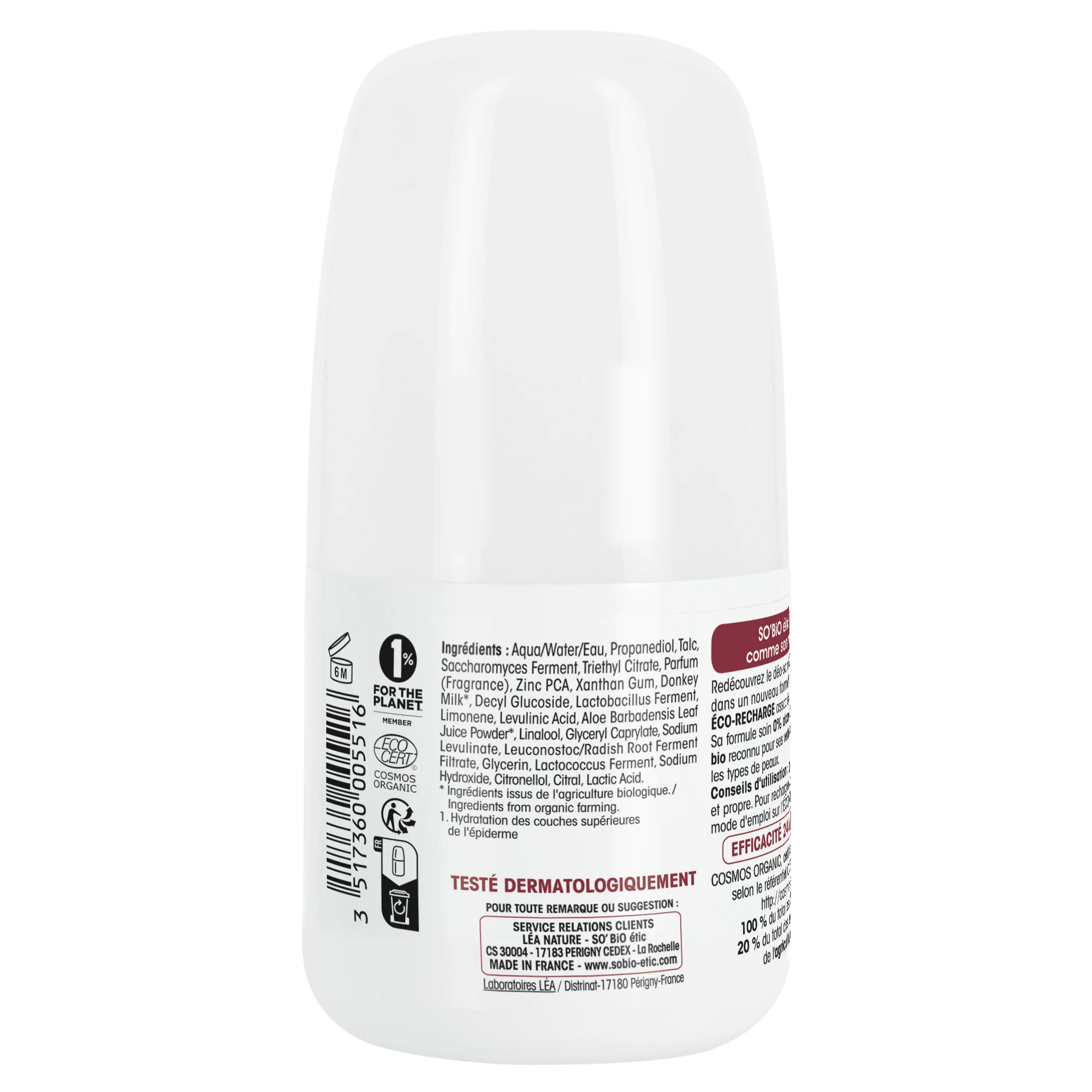 SO’BiO étic 24h Moisturizing Roll-On Deodorant with Donkey Milk - Refillable, Organic (50 ml) - Suitable for Sensitive Skin