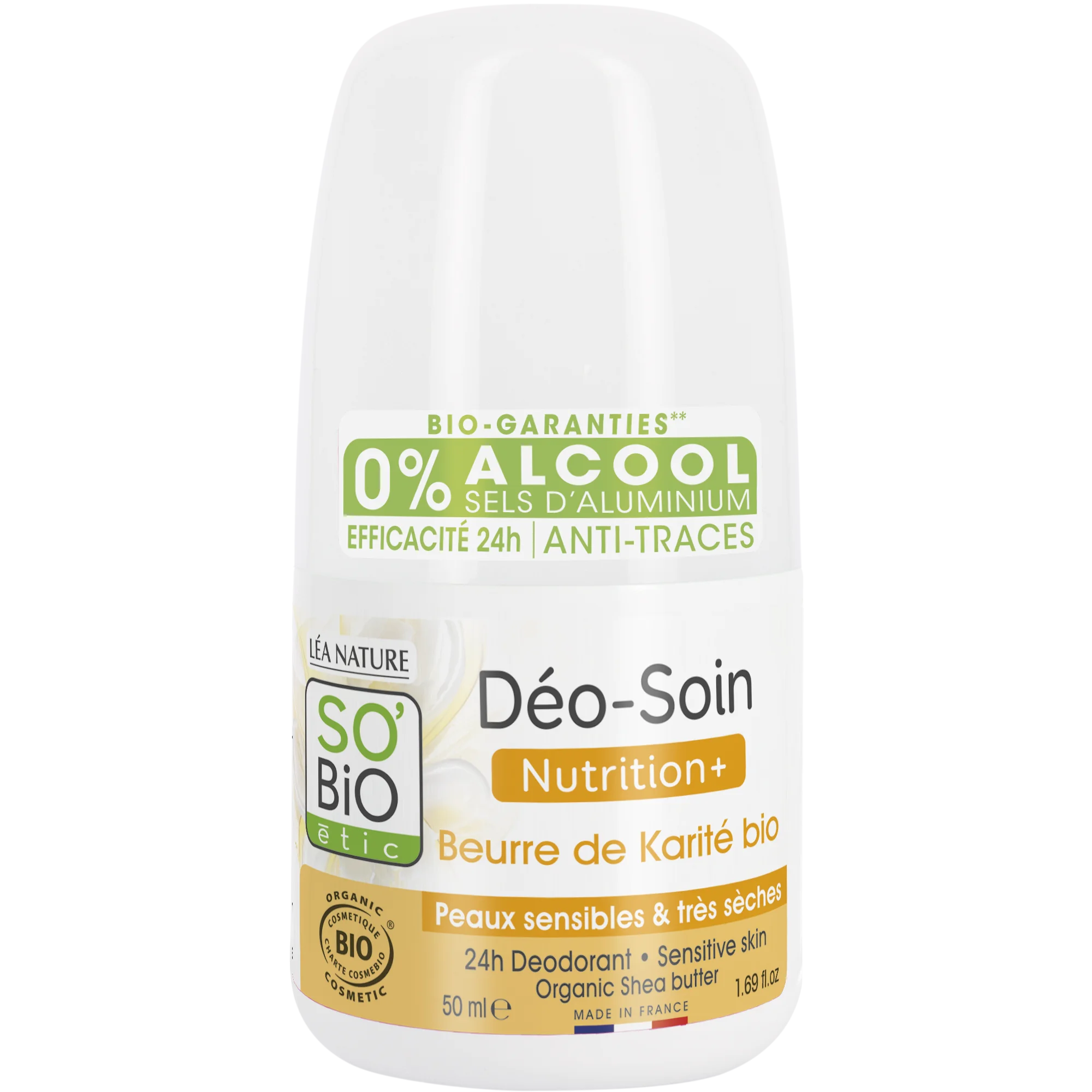 SO’BiO étic 24h Nutrition+ Roll-On Deodorant with organic shea butter (50 ml) - effective for up to 24 hours