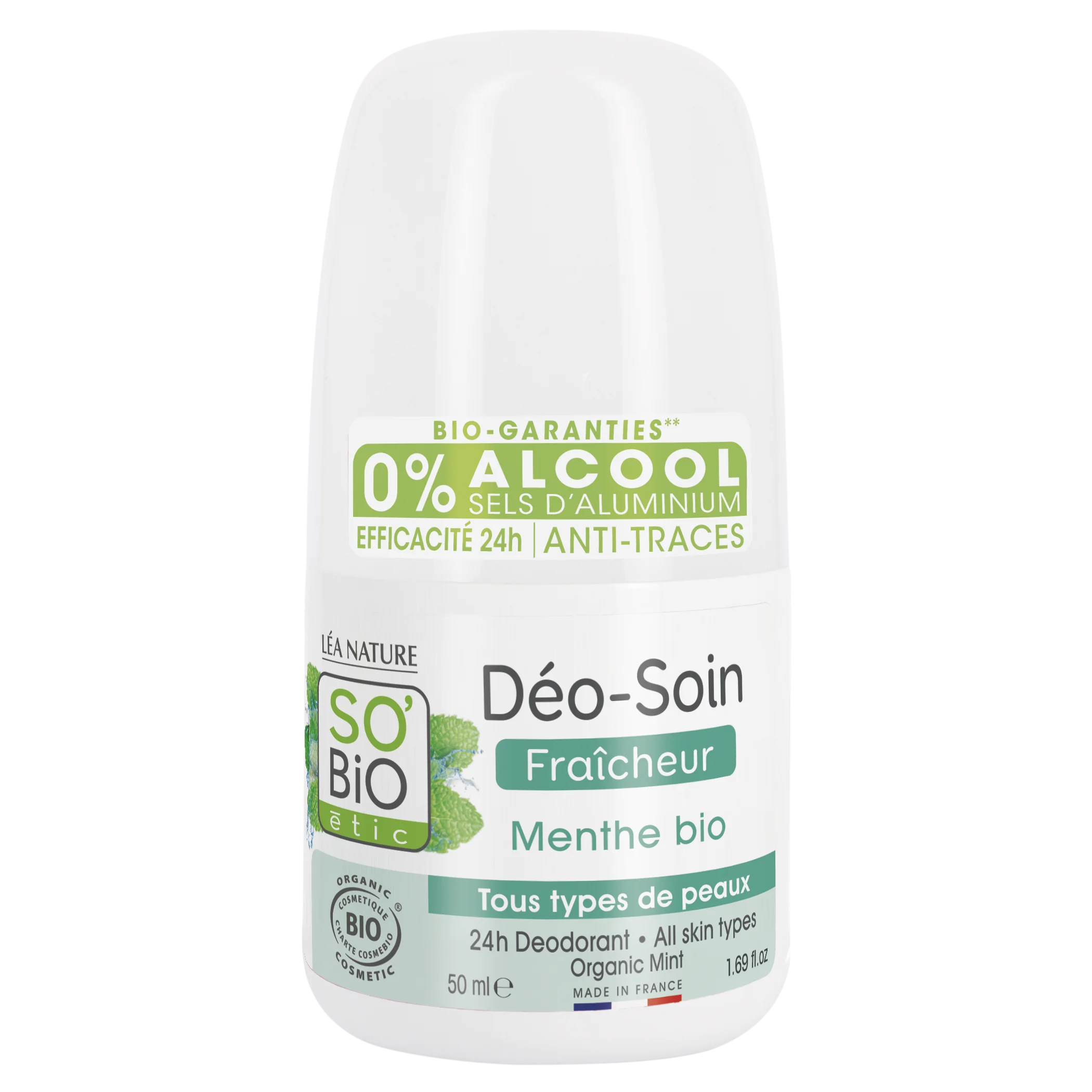 SO’BiO étic Refreshing 24h Roll-On Deodorant with Organic Mint (50 ml) - Effective for up to 24 hours