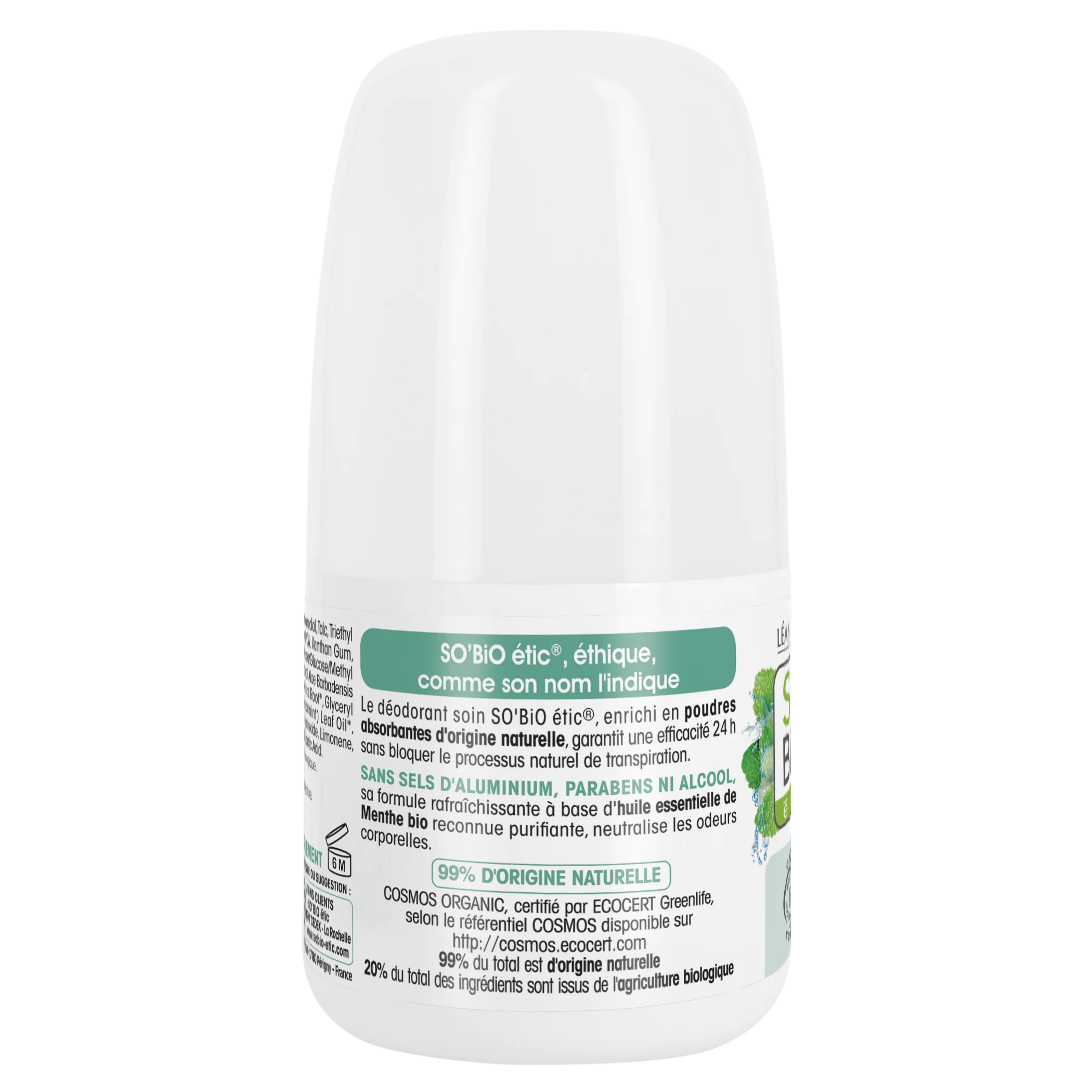 SO’BiO étic Refreshing 24h Roll-On Deodorant with Organic Mint (50 ml) - Effective for up to 24 hours