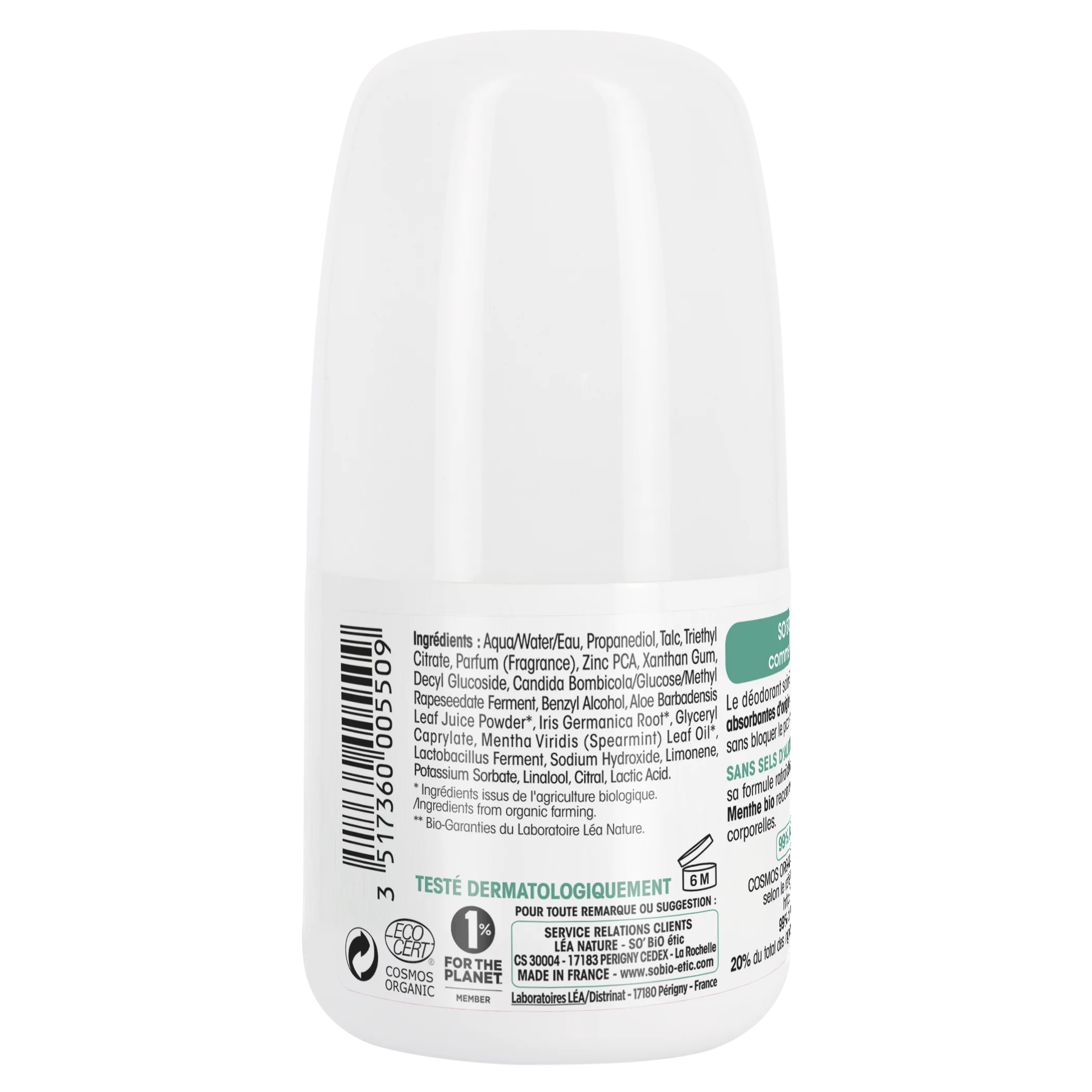SO’BiO étic Refreshing 24h Roll-On Deodorant with Organic Mint (50 ml) - Effective for up to 24 hours
