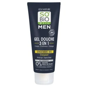 SO’BiO étic MEN 3-in-1 Shower Gel – Energising Organic Ginger (200 ml) – for Body, Face and Hair