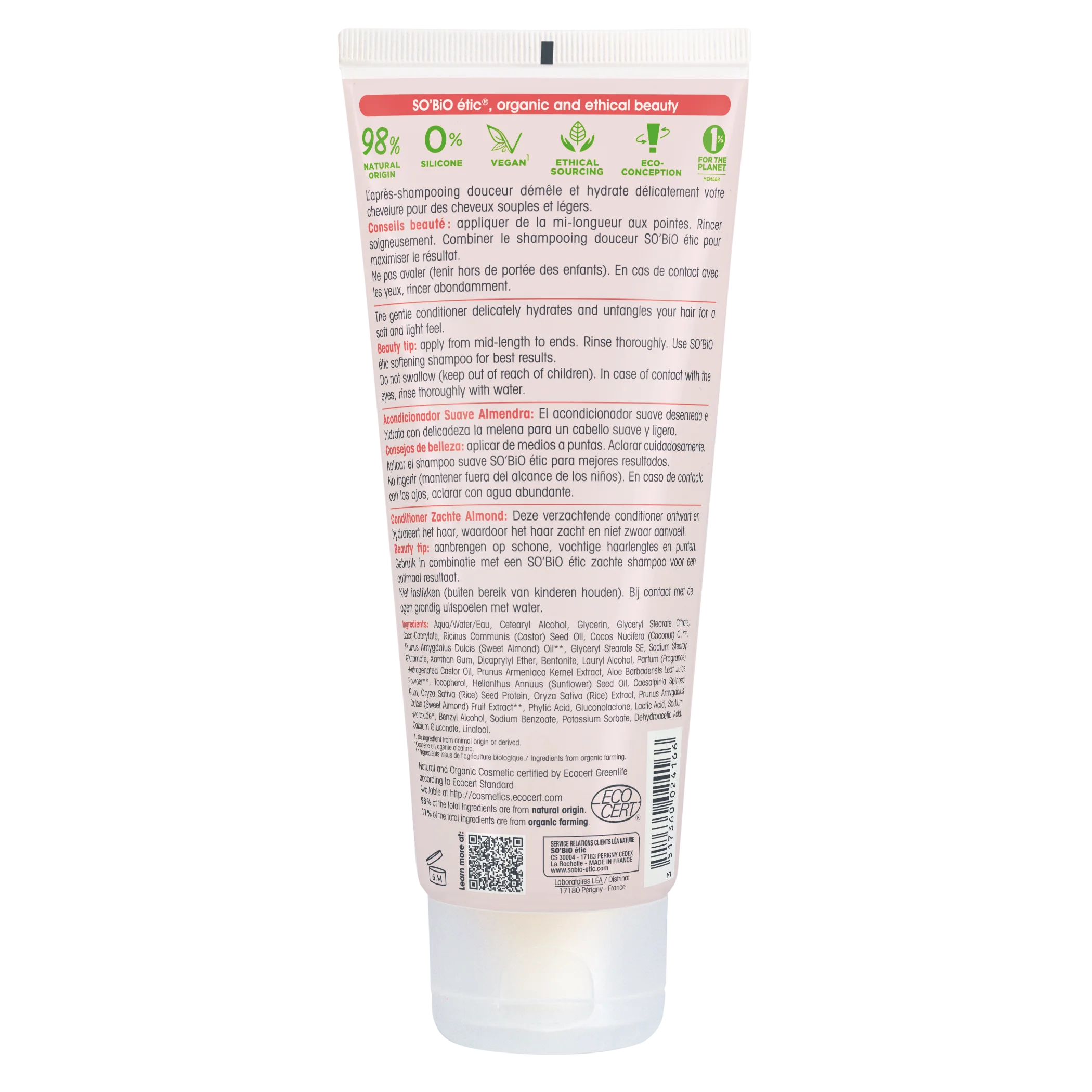 SO’BiO étic Hair Conditioner with Almond Milk and Rice Protein - Organic (200 ml) - For All Hair Types