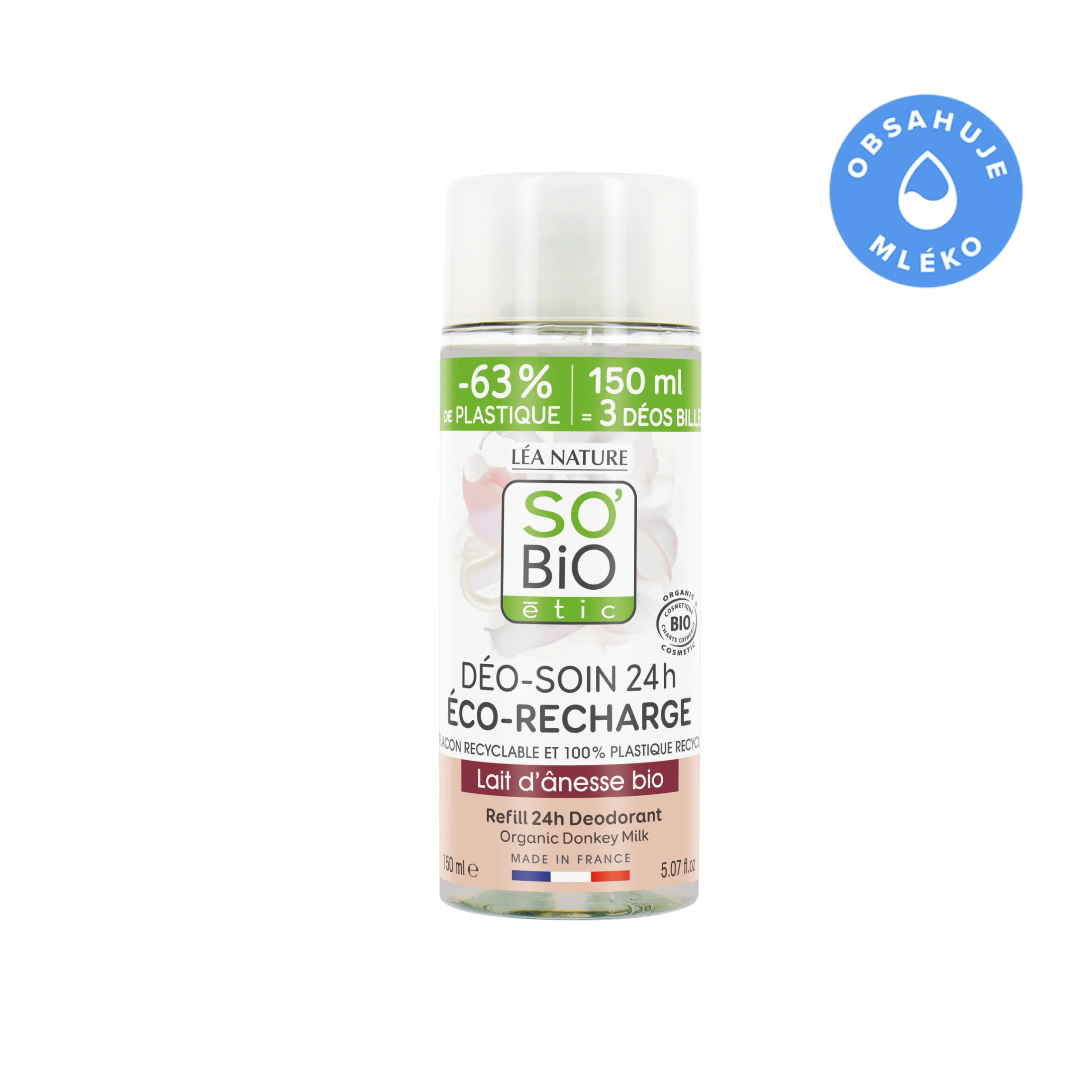 SO’BiO étic Refill for 24h Moisturizing Roll-On Deodorant with Organic Donkey Milk (150 ml) - One Refill Replaces Three Roll-Ons