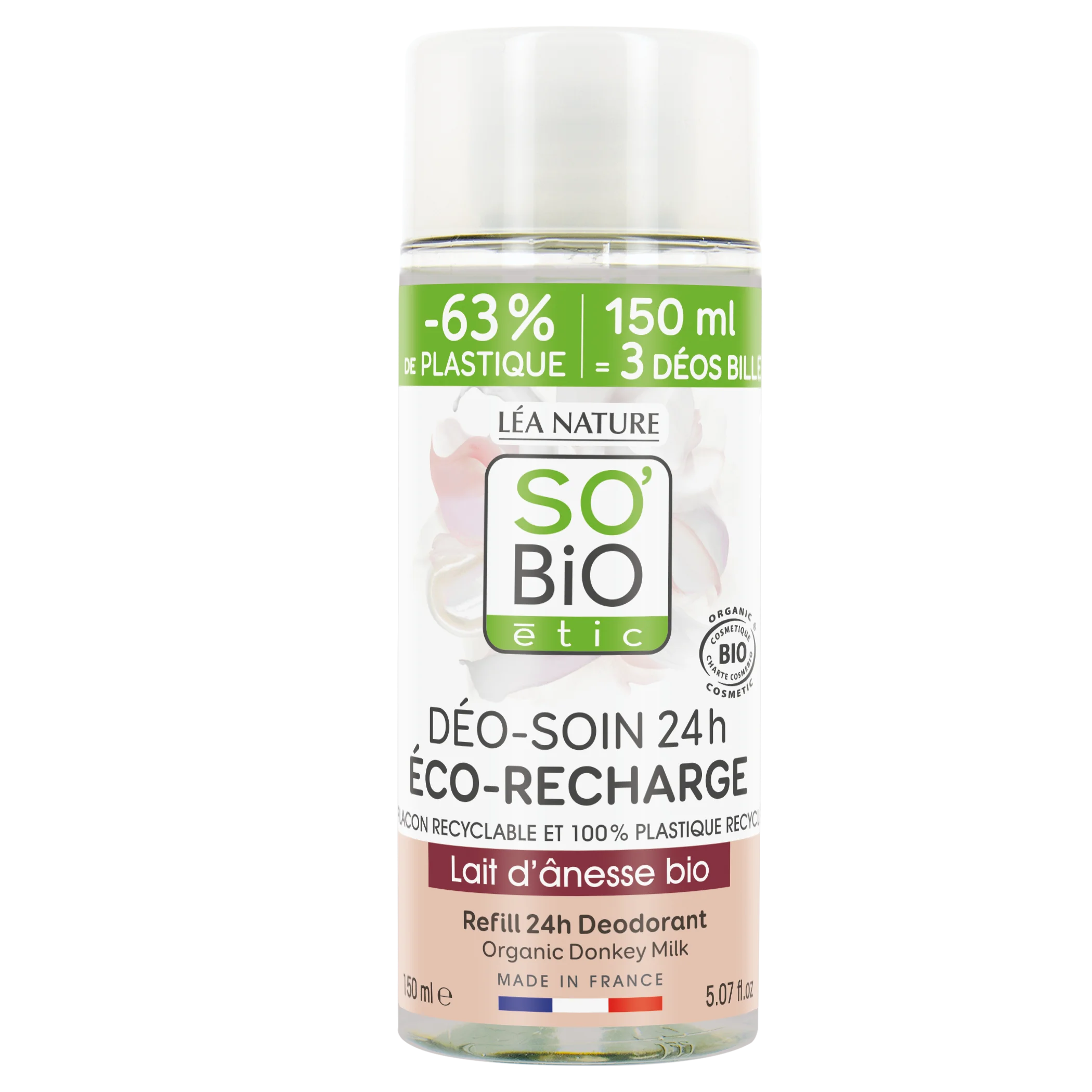 SO’BiO étic Refill for 24h Moisturizing Roll-On Deodorant with Organic Donkey Milk (150 ml) - One Refill Replaces Three Roll-Ons