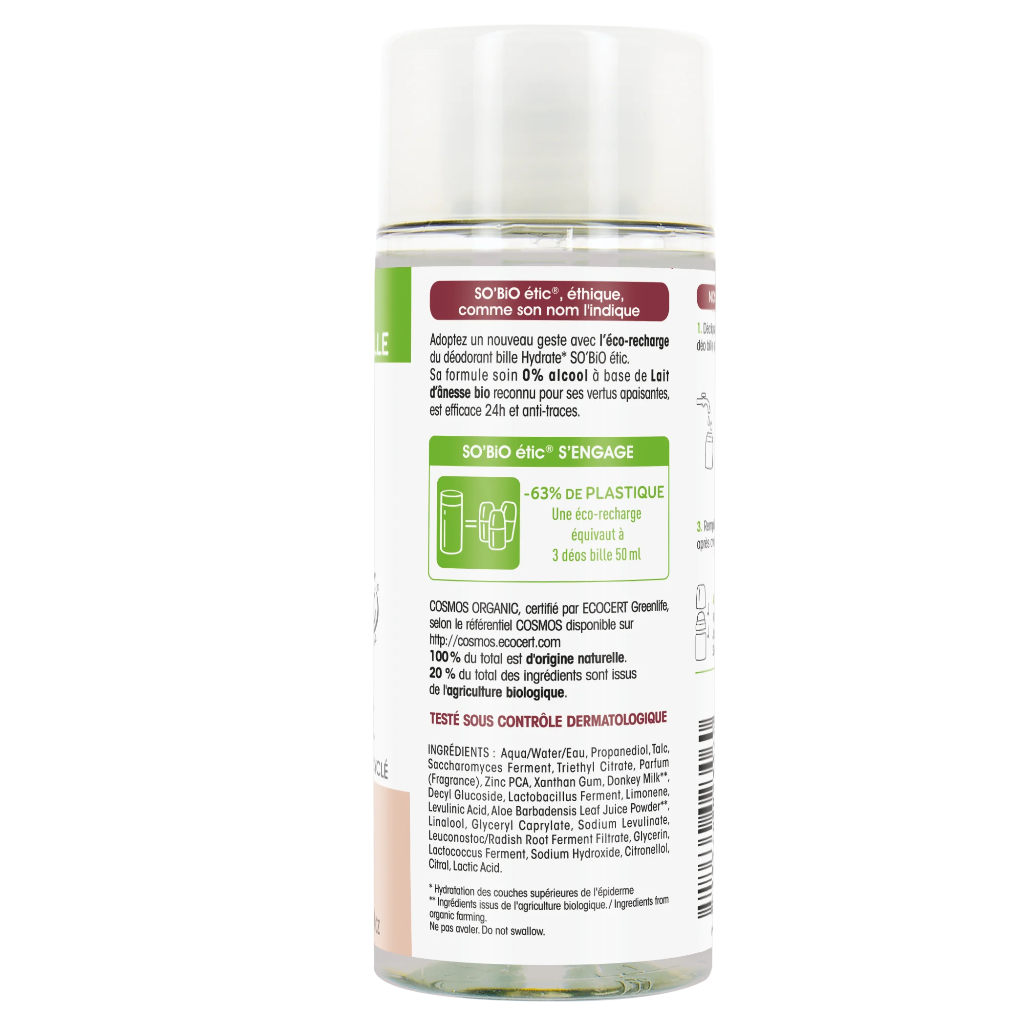 SO’BiO étic Refill for 24h Moisturizing Roll-On Deodorant with Organic Donkey Milk (150 ml) - One Refill Replaces Three Roll-Ons