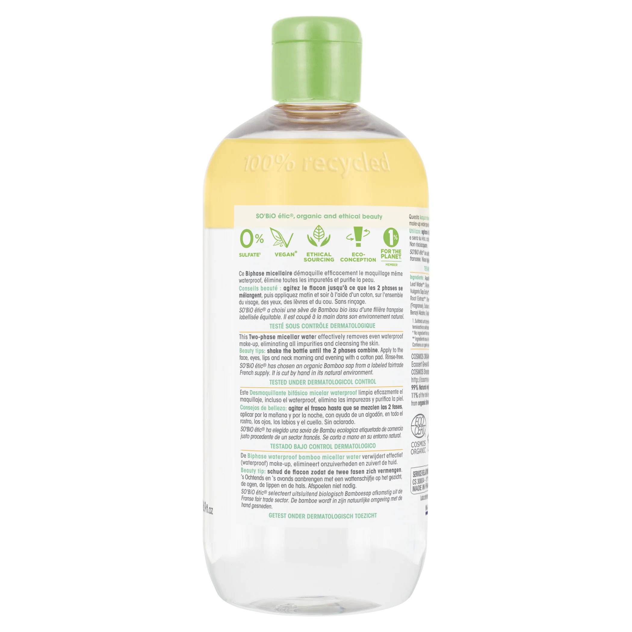 SO’BiO étic Pur BAMBOO BIO Bi-Phase Micellar Water (500 ml) - with Organic Bamboo and Moringa