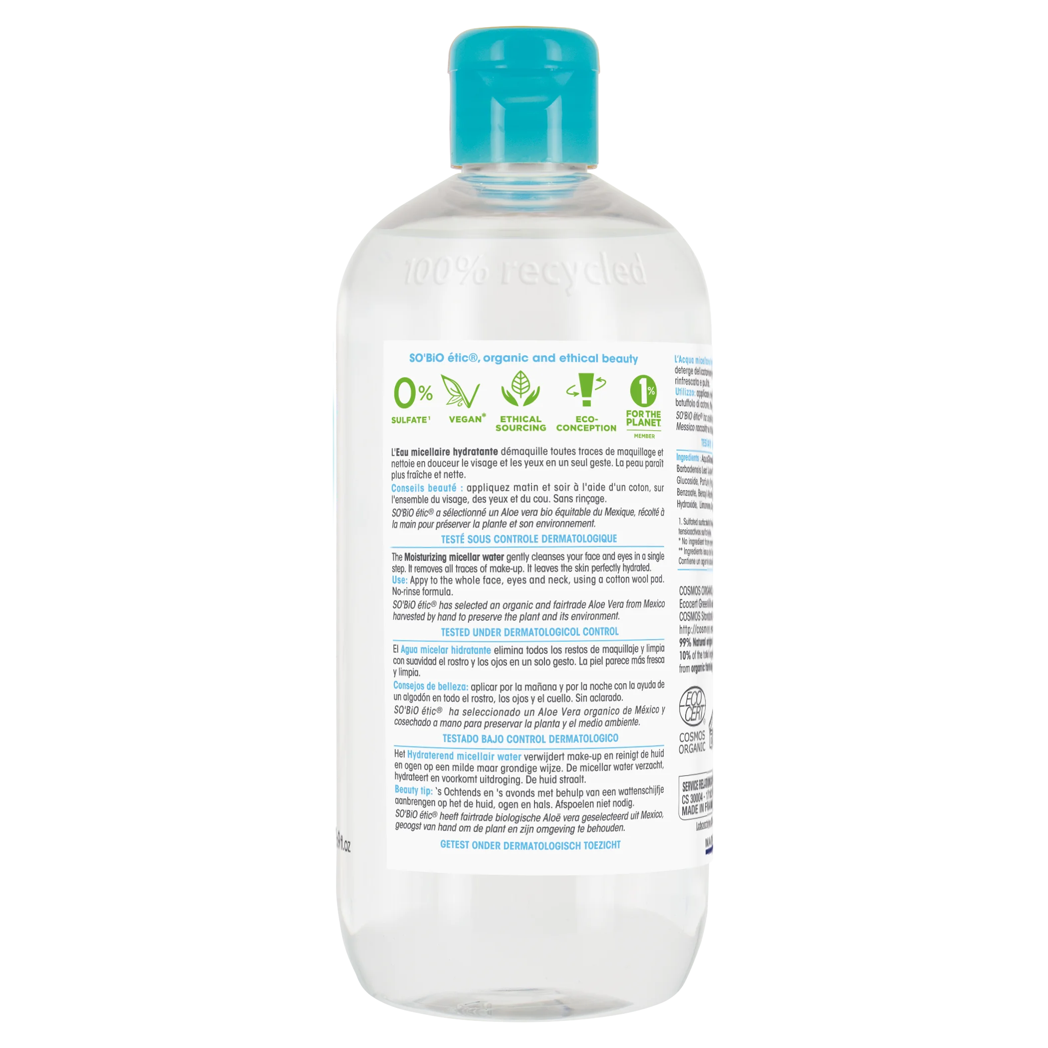 SO’BiO étic Hydrating Micellar Water with Organic Aloe Vera (500 ml) - enriched with Cornflower Water