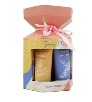 The Indulgent Bathing Co. Tranquil Treats gift set shower gel + body lotion 50 ml + bath sponge