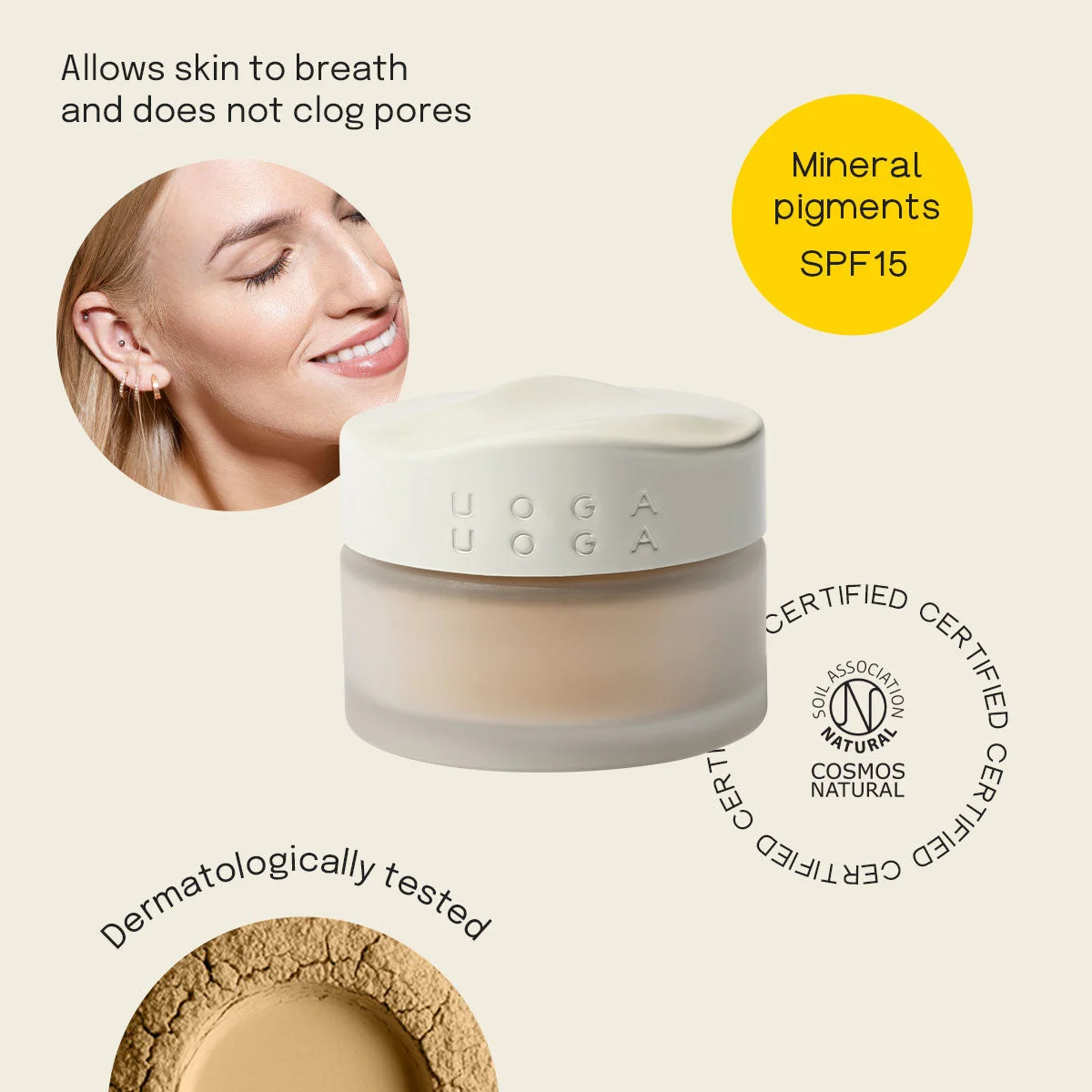 Uoga Uoga Mineral Powder Foundation with Amber (10 g) 634 Linden Honey - lightweight, natural, SPF 15