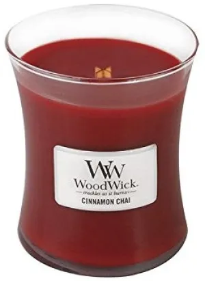 WoodWick Cinnamon Chai scented candle with a wooden wick for women