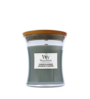 WoodWick Evergreen Cashmere scented candle with a wooden wick for men