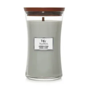WoodWick Lavender & Cedar scented candle with a wooden wick for women