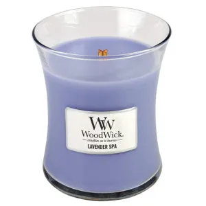 WoodWick Lavender Spa scented candle with a wooden wick for women
