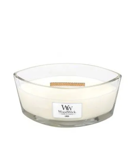 WoodWick Linen scented candle with a wooden wick for women