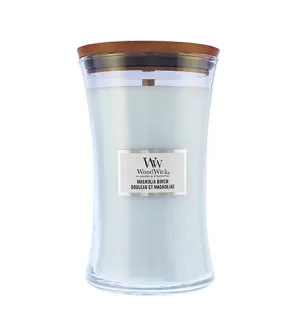 WoodWick Magnolia Birch scented candle with a wooden wick for men
