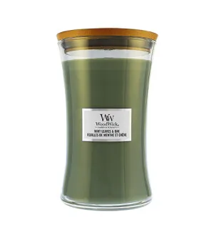 WoodWick Mint Leaves & Oak scented candle with a wooden wick for men