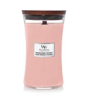 WoodWick Pressed Blooms & Patchouli scented candle with a wooden wick for men
