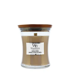 WoodWick Santal Myrrh scented candle with a wooden wick for men