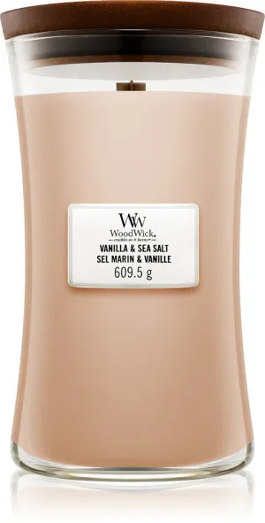 WoodWick Vanilla & Sea Salt scented candle with wooden wick for women