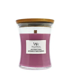 WoodWick Wild Berry & Beets scented candle with a wooden wick for men