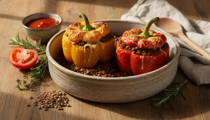 Lentil ragù as a filling for baked peppers