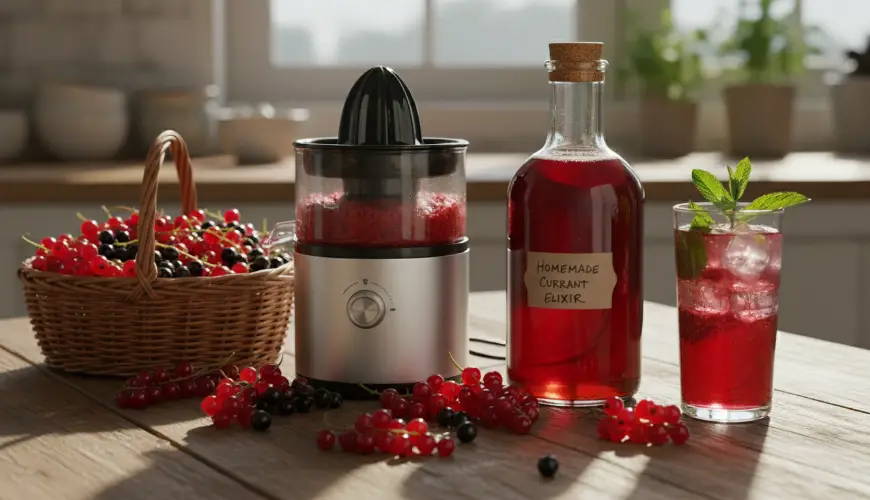 Homemade currant syrup from a juicer full of vitamins