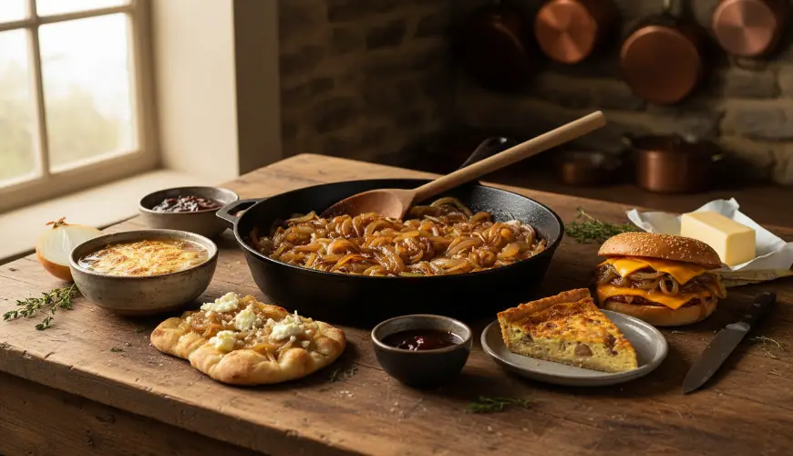 Caramelized onion as the base of five different dishes
