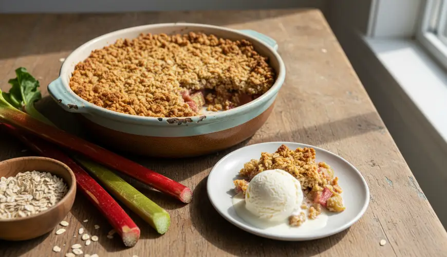 Rhubarb crumble with oat topping never disappoints