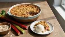 Rhubarb crumble with oat topping never disappoints