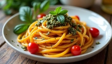Healthy pumpkin spaghetti with pesto for a quick and easy meal