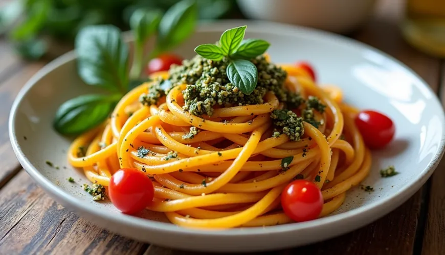 Healthy pumpkin spaghetti with pesto for a quick and easy meal